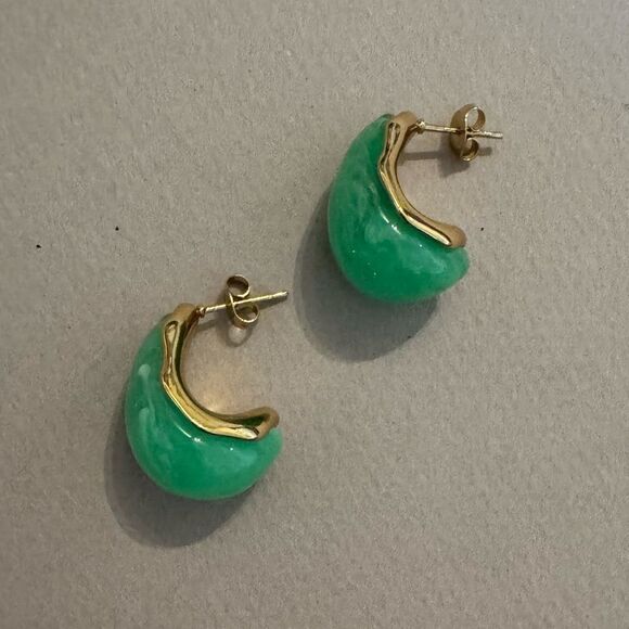 Green and Gold Hoop Earrings M441 - Picture 2 of 3